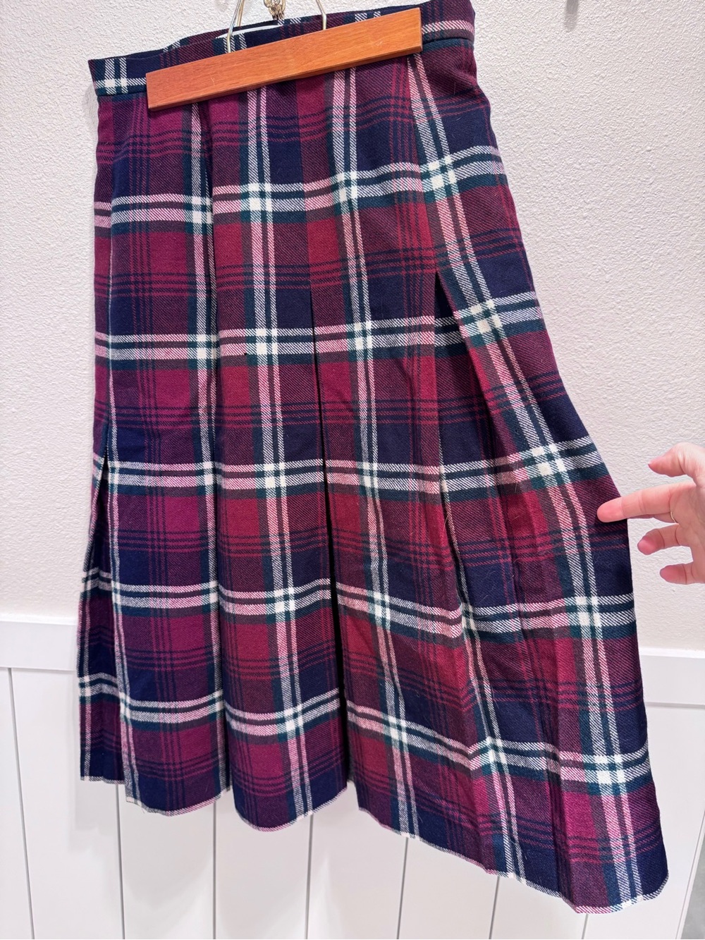 Scottish 100% Wool Plaid Pleated Midi Skirt - Burgundy, Teal & Navy